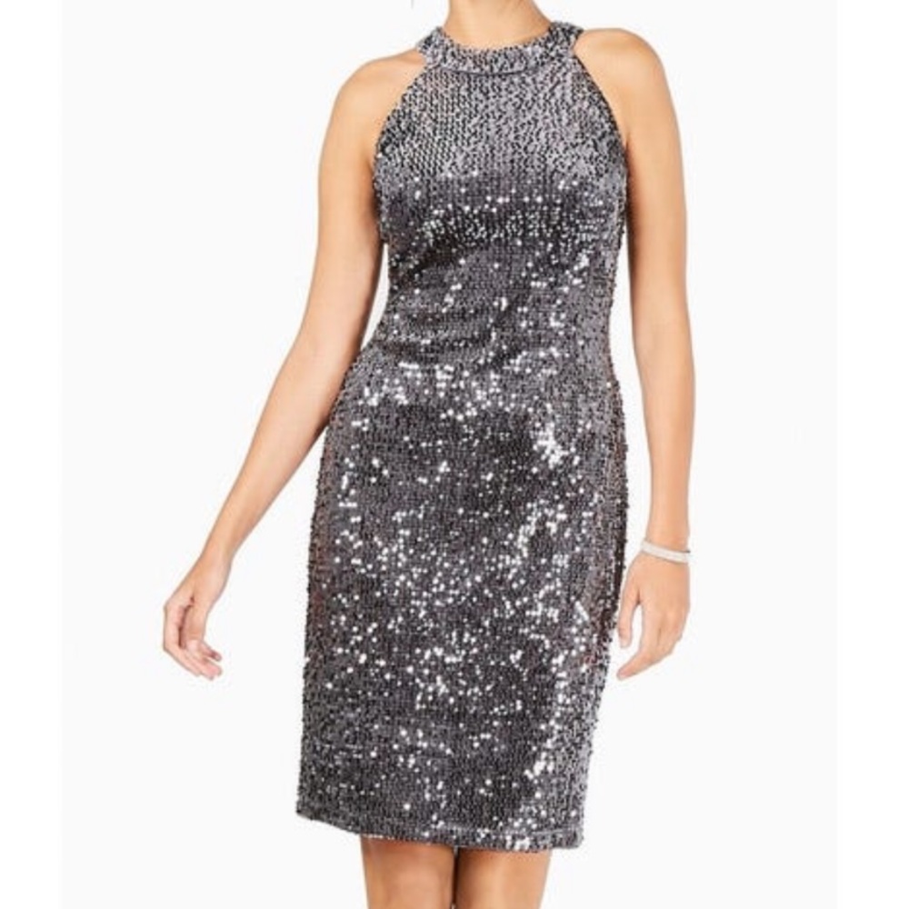 Nightway Halter Velvet Sequin Basic Sheath Dress